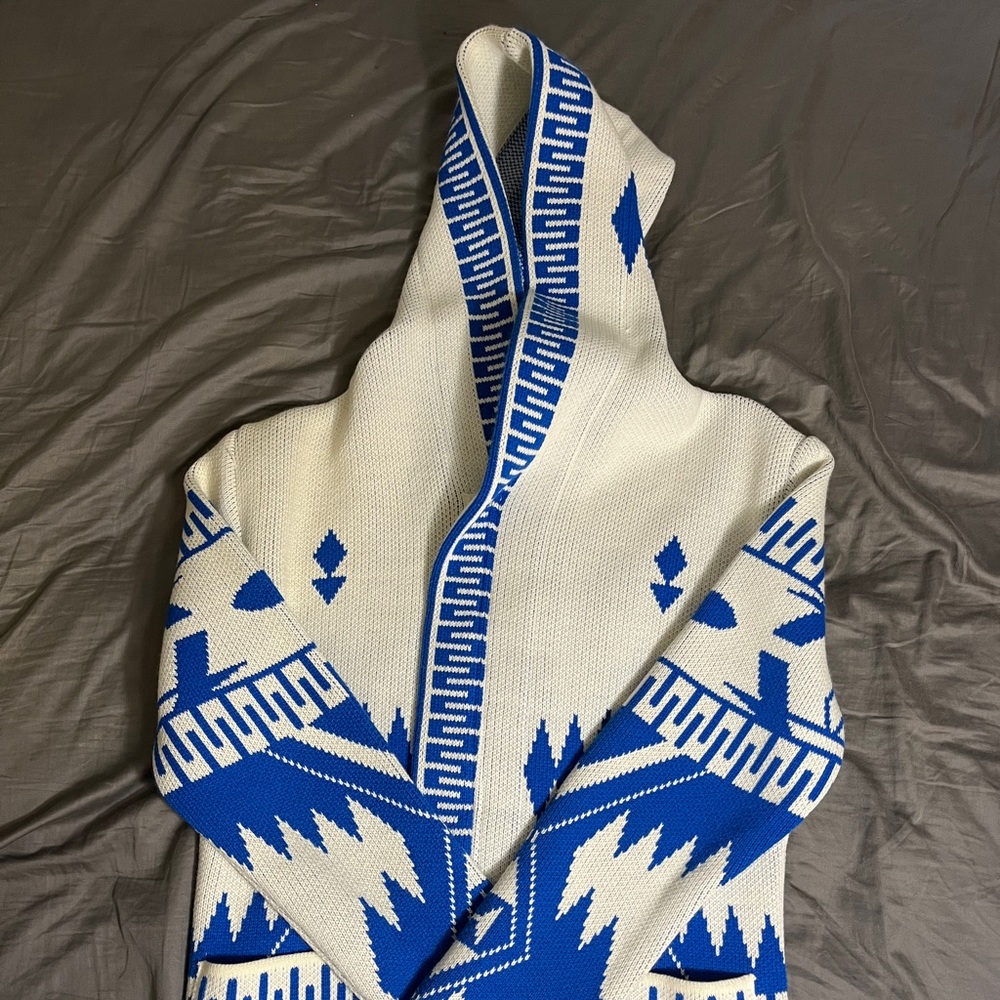 Blue and White Patterned Hooded Cardigan
